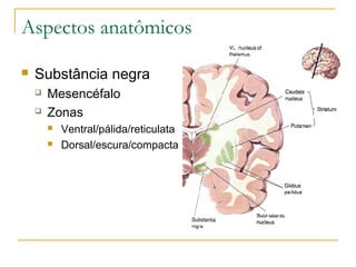Aspectos anatômicos 
 Substância negra 
 Mesencéfalo 
 Zonas 
 Ventral/pálida/reticulata 
 Dorsal/escura/compacta 
 