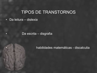 TIPOS DE TRANSTORNOS
• Da leitura – dislexia



•          Da escrita – disgrafia



•                    habilidades matemáticas - discalculia
 