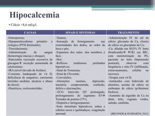 Hipocalcemia
(BRUNNER & SUDDARTH, 2014)
CAUSAS SINAIS E SINTOMAS TRATAMENTO
-Osteoporose;
-Hipoparatireodismo primário e
cirúrgico (PTH diminuído);
-Tireoidectomia;
-Administração de sangue
(hemorragia maciça e choque);
-Pancreatite (secreção excessiva de
glucagon secreção aumentada de
calcitonina);
-IRA (nível elevado de fosfato);
-Consumo inadequado de vit D,
deficiência de magnésio, carcinoma
tireóideo medular, alcalose e abuso
de álcool;
-Diuréticos, corticosteróides.
-Tetania;
-Sensação de formigamento nas
extremidades dos dedos, ao redor da
boca e pés;
-Espasmos dos músc. dos membros e
face;
-Dor;
-Reflexos tendinosos profundos
hiperativos;
-Sinal de Trousseau;
-Sinal de Chvostek;
-Convulsões;
-Alterações mentais, depressão,
memória comprometida, confusão,
delírio e alucinações;
- ECG: Intervalo QT prolongado,
prolongamento do segmento ST
Torsades de pointes (TV);
-Dispnéia e laringoespasmo;
-Sons intestinais hiperativos, unhas e
cabelos secos e quebradiços, coagulação
anormal.
-Administração IV de sal de
cálcio: gliconato de Ca, cloreto
de cálcio ou gluceptato de Ca;
-Ca: diluído em SG5% IV lento
(bradicardia PCR) em BIC,
com monitorização da PA,
paciente no leito (hipotensão
postural), observar com
frequência o sítio IV (infiltração,
extravasamento, celulite ou
necrose);
-Terapia com vit D;
-Antiácidos com hidróxido de
alumínio, acetato de cálcio ou
carbonato de cálcio (p/diminuir
fósforo);
-Aumento da ingestão de Ca na
dieta: leite, vegetais verdes,
salmão, sardinha.
• Cálcio <8,6 mEq/l.
(BRUNNER & SUDDARTH, 2012)
 
