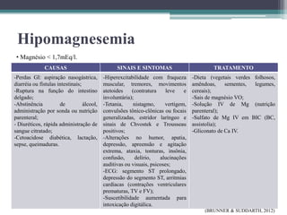 Hipomagnesemia
CAUSAS SINAIS E SINTOMAS TRATAMENTO
-Perdas GI: aspiração nasogástrica,
diarréia ou fístulas intestinais;
-Ruptura na função do intestino
delgado;
-Abstinência de álcool,
administração por sonda ou nutrição
parenteral;
- Diuréticos, rápida administração de
sangue citratado;
-Cetoacidose diabética, lactação,
sepse, queimaduras.
-Hiperexcitabilidade com fraqueza
muscular, tremores, movimentos
atetoides (contratura leve e
involuntária);
-Tetania, nistagmo, vertigem,
convulsões tônico-clônicas ou focais
generalizadas, estridor laríngeo e
sinais de Chvostek e Trousseau
positivos;
-Alterações no humor, apatia,
depressão, apreensão e agitação
extrema, ataxia, tonturas, insônia,
confusão, delírio, alucinações
auditivas ou visuais, psicoses;
-ECG: segmento ST prolongado,
depressão do segmento ST, arritmias
cardíacas (contrações ventriculares
prematuras, TV e FV);
-Suscetibilidade aumentada para
intoxicação digitálica.
-Dieta (vegetais verdes folhosos,
amêndoas, sementes, legumes,
cereais);
-Sais de magnésio VO;
-Solução IV de Mg (nutrição
parenteral);
-Sulfato de Mg IV em BIC (BC,
assistolia);
-Gliconato de Ca IV.
• Magnésio < 1,7mEq/l.
(BRUNNER & SUDDARTH, 2012)
 