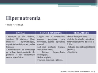 Hipernatremia
• Sódio > 145mEq/l.
CAUSAS SINAIS E SINTOMAS TRATAMENTO
- Retenção de Na: diarréia,
vômitos, IR, diabetes, febre,
insolação, hiperventilação,
reposição insuficiente de perdas
hídricas;
- Administração de sobrecarga
de soluto (suplementação de
proteínas e sal, alimentação
enteral hipertônica).
-Língua seca e edemaciada,
mucosas pegajosas, pele
ruborizada, edema, hipotensão
postural;
-Mal-estar, confusão, letargia,
convulsão e coma;
- Tremor, hiperreflexia,
alucinações;
-Sede e oligúria;
-Fraqueza muscular e cãibras.
-Tratar doença de base;
-Infusão de solução eletrolítica
hipertônica (cloreto de sódio a
0,3%);
-Solução não salina isotônica
(SG5%);
-Diuréticos.
(WOODS, 2005; BRUNNER & SUDDARTH, 2012)
 