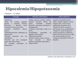 Hipocalemia/Hipopotassemia
• Potássio < 3,5 mEq/l.
CAUSAS SINAIS E SINTOMAS TRATAMENTO
-Diuréticos;
-Perda GI: vômito, aspiração
gástrica e intestinal, diarréia,
ileostomia e adenoma viloso
(excreção de muco rico em K);
- Alcalose metabólica (desvio
iônico);
-Hiperaldosteronismo (adenomas de
suprarrenal);
-Nutrição parenteral rica em
carboidratos;
-Pacientes que não conseguem
ingerir uma dieta normal;
-IC (secreção aumentada de
aldosterona).
-Fadiga, anorexia, náuseas, vômitos,
fraqueza muscular, cãibras nas
pernas, motilidade intestinal
diminuída, parestesias (dormência e
formigamento);
-Arritmias ventriculares (onda U ao
ECG);
-Sensibilidade aumentada ao
digitálico (intoxicação);
-Hipotensão postural;
-Poliúria, nictúria, sede excessiva;
-Força muscular e reflexos
tendinosos profundos diminuídos;
-Morte PCR.
-Ingestão aumentada na dieta
(frutas, vegetais, legumes, cereais
integrais, leite, carne) ou por
suplementos de potássio oral;
-Terapia VO: (KCL xarope, K
efervescente ou em comprimidos);
-Terapia IV: cloreto de potássio,
acetato de potássio ou fosfato de
potássio através de AVC em BIC
com monitorização por ECG;
-Terapia de reposição IV (40 a 80
mEq/dia) .
(WOODS, 2005; BRUNNER & SUDDARTH, 2012)
 