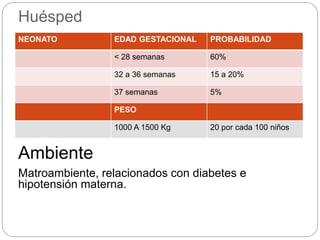 Huésped
NEONATO EDAD GESTACIONAL PROBABILIDAD
< 28 semanas 60%
32 a 36 semanas 15 a 20%
37 semanas 5%
PESO
1000 A 1500 Kg 20 por cada 100 niños
Ambiente
Matroambiente, relacionados con diabetes e
hipotensión materna.
 
