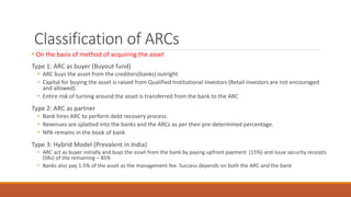Classification of ARCs
• On the basis of method of acquiring the asset
Type 1: ARC as buyer (Buyout fund)
• ARC buys the asset from the creditors(banks) outright
• Capital for buying the asset is raised from Qualified Institutional Investors (Retail investors are not encouraged
and allowed)
• Entire risk of turning around the asset is transferred from the bank to the ARC
Type 2: ARC as partner
• Bank hires ARC to perform debt recovery process.
• Revenues are splatted into the banks and the ARCs as per their pre-determined percentage.
• NPA remains in the book of bank
Type 3: Hybrid Model (Prevalent in India)
• ARC act as buyer initially and buys the asset from the bank by paying upfront payment (15%) and issue security receipts
(SRs) of the remaining – 85%
• Banks also pay 1.5% of the asset as the management fee. Success depends on both the ARC and the bank
 