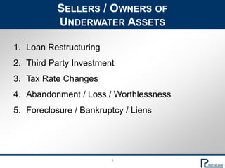 3Sellers / Owners of Underwater AssetsLoan RestructuringThird Party InvestmentTax Rate ChangesAbandonment / Loss / WorthlessnessForeclosure / Bankruptcy / Liens
