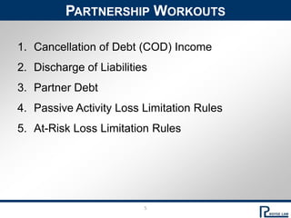 5Partnership WorkoutsCancellation of Debt (COD) IncomeDischarge of LiabilitiesPartner DebtPassive Activity Loss Limitation RulesAt-Risk Loss Limitation Rules
