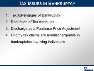 6Tax Issues in BankruptcyTax Advantages of BankruptcyReduction of Tax AttributesDischarge as a Purchase Price AdjustmentPriority tax claims are nondischargeable in bankruptcies involving individuals