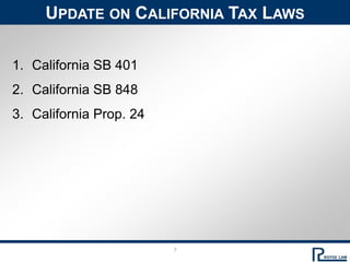 7Update on California Tax LawsCalifornia SB 401California SB 848California Prop. 24