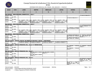 Consejo Nacional de la Judicatura C.N.J., Escuela de Capacitación Judicial
                                                                                                              SIF-CNJ
                                                               DISTRIBUCION SEMANAL DE CURSOS , DEL 08/04/2013 - 13/04/2013

     SEDES             HORA              LUNES                             MARTES                            MIERCOLES                              JUEVES                             VIERNES                               SABADO
                                             8                                  9                                   10                                  11                                  12                                    13
SAN MIGUEL, SEDE REGIONAL ORIENTE ECJ, AULA 1
HORA INICIO: 8:00 am                                                                                                                                                                                               1120 BÁSICO DE CRIMINALÍSTICA 'A'

DURACION:          4.00 HORAS
HORA INICIO: 1:00 pm                                                                                                                                                         1120 BÁSICO DE CRIMINALÍSTICA 'A'

DURACION:          4.00 HORAS
HORA INICIO: 5:00 pm            3012   DIPLOMADO     SOBRE    LAS
                                                                3012   DIPLOMADO SOBRE LAS           3012   DIPLOMADO SOBRE LAS          3012   DIPLOMADO     SOBRE    LAS
                                ACTUACIONES       DE     LOS/LASACTUACIONES       DE     LOS/LAS     ACTUACIONES       DE     LOS/LAS    ACTUACIONES       DE     LOS/LAS
DURACION:         3.00 HORAS    JUECES/ZAS DE PAZ: MODULO V - LOS
                                                                JUECES/ZAS DE PAZ: MODULO V - LOS    JUECES/ZAS DE PAZ: MODULO V - LOS   JUECES/ZAS DE PAZ: MODULO V - LOS
                                RECURSOS EN EL PROCESO 'A'      RECURSOS EN EL PROCESO 'A'           RECURSOS EN EL PROCESO 'A'          RECURSOS EN EL PROCESO 'A'

SAN MIGUEL, SEDE REGIONAL ORIENTE ECJ, AULA 2
HORA INICIO: 8:00 am                                                                                                                                                                                               1117 ELABORACIÓN DE SENTENCIAS
                                                                                                                                                                                                                   PENALES. VALORACIÓN DE LA
DURACION:          4.00 HORAS                                                                                                                                                                                      PRUEBA 'D'
HORA INICIO: 1:00 pm                                                                                                                                                       1117 ELABORACIÓN DE SENTENCIAS
                                                                                                                                                                           PENALES. VALORACIÓN DE LA PRUEBA
DURACION:          4.00 HORAS                                                                                                                                              'D'
HORA INICIO: 5:00 pm            3012   DIPLOMADO     SOBRE    LAS
                                                                3012   DIPLOMADO SOBRE LAS           3012   DIPLOMADO SOBRE LAS          3012   DIPLOMADO     SOBRE    LAS
                                ACTUACIONES       DE     LOS/LASACTUACIONES       DE     LOS/LAS     ACTUACIONES       DE     LOS/LAS    ACTUACIONES       DE     LOS/LAS
DURACION:         3.00 HORAS    JUECES/ZAS DE PAZ: MODULO V - LOS
                                                                JUECES/ZAS DE PAZ: MODULO V - LOS    JUECES/ZAS DE PAZ: MODULO V - LOS   JUECES/ZAS DE PAZ: MODULO V - LOS
                                RECURSOS EN EL PROCESO 'B'      RECURSOS EN EL PROCESO 'B'           RECURSOS EN EL PROCESO 'B'          RECURSOS EN EL PROCESO 'B'

SAN MIGUEL, SEDE REGIONAL ORIENTE ECJ, AULA 3
HORA INICIO: 8:00 am                                                                                                                                                         183 PRINCIPALES   INSTITUCIONES DEL   183 PRINCIPALES INSTITUCIONES
                                                                                                                                                                             NUEVO PROCESO     CIVIL Y MERCANTIL   DEL NUEVO PROCESO CIVIL Y
DURACION:          4.00 HORAS                                                                                                                                                'D'                                   MERCANTIL 'D'
HORA INICIO: 1:00 pm                                                                                                                                                         183 PRINCIPALES   INSTITUCIONES DEL
                                                                                                                                                                             NUEVO PROCESO     CIVIL Y MERCANTIL
DURACION:         4.00 HORAS                                                                                                                                                 'D'

SAN SALVADOR, CENTRO JUDICIAL DE DERECHO PRIVADO Y SOCIAL, AUDITORIUM
HORA INICIO: 1:00 pm            1502 BÁSICO DE LITIGACIÓN ORAL EN1502 BÁSICO DE LITIGACIÓN ORAL EN   1502 BÁSICO DE LITIGACIÓN ORAL EN   1502 BÁSICO DE LITIGACIÓN ORAL EN
                                EL PROCESO CIVIL Y MERCANTIL 'C' EL PROCESO CIVIL Y MERCANTIL 'C'    EL PROCESO CIVIL Y MERCANTIL 'C'    EL PROCESO CIVIL Y MERCANTIL 'C'
DURACION:         5.00 HORAS
SAN SALVADOR, EDIFICIO PRINCIPAL ECJ, AULA "A" TERCER NIVEL
HORA INICIO: 8:00 am                                                                                                                                                         1121 PSIQUIATRÍA     Y   PSICOLOGÍA   1121 PSIQUIATRÍA Y PSICOLOGÍA
                                                                                                                                                                             FORENSE 'A'                           FORENSE 'A'
DURACION:          4.00 HORAS
HORA INICIO: 1:00 pm                                                                                                                                                         1121 PSIQUIATRÍA     Y   PSICOLOGÍA
                                                                                                                                                                             FORENSE 'A'
DURACION:         4.00 HORAS
SAN SALVADOR, EDIFICIO PRINCIPAL ECJ, AULA 1
HORA INICIO: 8:00 am                                             2006 CURSO BÁSICO DE DERECHO        2006 CURSO BÁSICO DE DERECHO
                                                                 LABORAL II 'B'                      LABORAL II 'B'
DURACION:          4.00 HORAS
HORA INICIO: 1:00 pm                                             2006 CURSO BÁSICO DE DERECHO
                                                                 LABORAL II 'B'
DURACION:         4.00 HORAS
SAN SALVADOR, EDIFICIO PRINCIPAL ECJ, AULA 2
HORA INICIO: 8:00 am                                                                                                                                                                                               1606 DOCTRINA DE LA PROTECCIÓN
                                                                                                                                                                                                                   INTEGRAL   DE   LA    NIÑEZ  Y
DURACION:         4.00 HORAS                                                                                                                                                                                       ADOLESCENCIA. MÓDULO I - SERIE
                                                                                                                                                                                                                   LEPINA 'C'
HORA INICIO: 1:00 pm                                                                                                                                                         1606 DOCTRINA DE LA PROTECCIÓN
                                                                                                                                                                             INTEGRAL   DE   LA   NIÑEZ   Y
DURACION:         4.00 HORAS                                                                                                                                                 ADOLESCENCIA. MÓDULO I - SERIE
                                                                                                                                                                             LEPINA 'C'



Fecha de Impresión : 09-04-2013                                                                      Hora de Impresión : 08:52:22a.m.                                                                                           Página : 1 de 3
Nombre de Archivo : Cnjnt01RegistroINFOENGLISH03INFO03_015.RPT
Invocado Por       : C:Sistema IntegradoCLUSTER03FILTRO0320.FRM
 