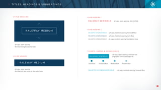 14
T I T L E S , H E A D I N G S & S U B H E A D I N G S
R A L E WAY S E M I B O L D • all caps, open spacing, Electric Red
S L I D E H E A D E R
T I T L E H E A D L I N E S U B H E A D I N G 1
S U B H E A D I N G 2
C H A R T S , G R A P H S & I N F O G R A P H I C S
R A L E WAY M E D I U M
R A L E WAY M E D I U M
• all caps, open spacing
• thin enclosing box and arrows
• all caps, open spacing
• thin Electric Red arrow to the left of title
HELVE TICA CONDENSED • all caps, medium spacing, Forward Blue
HELVE TICA CONDENSED • all caps, medium spacing, Core Blue
HELVE TICA CONDENSED • all caps, medium spacing, Foundation Gray
HELVETICA CONDENSED BOLD • all caps, medium spacing, Forward Blue
R A L E WAY S E M I B O L D
• all caps, open spacing, reversed out
of graphic colors (see page 10)
Dark Blue Forward Blue MediumBlue Powder Blue
 