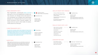15
PA R A G R A P H S T Y L I N G
H E R O P A R A G R A P H C O P Y 1
H E R O P A R A G R A P H C O P Y 2
B O D Y C O P Y
Nam fugiatiundis suntemquate deles vereicid
quid quia es int as aut elluptaturem et oditat rest,
niae simusam, con nitempe rionse nam hariam in
con earumquibus aut et fugitias eatis doloremque
doluptas cus, consequid quat et aut mo es mossi
derem faccatusa errum natiund andebit, ilit,
eseque sam eos a que es voles modio. Ut autatur,
inveles ipsum la et rerae pror
Faccatia de nonseque eosam que sandaesciis dolorrorem
idellaboriae asped estentia sa aut viducipis int que dolorem
dolo ditiberit apedio exped es sin re id et elis elluptate nobis
est et untisimos de eos quos assinum quam sed maiore libus
earionsequae vella venderferum vent
Magnis saped minum eniment quis as ex earchil iatinto ommol ese alia
ipiditatios ani untio odictem quam velecersped maximo cumIrionsup
icivehebus. Sa iaedio, patum dii peceri ingullabis moltorivivid deo, et
acrum ia inatu sedes? Publibus omne is An aciestrum in Etrit fachice
rioriondam senatil icernius.
B U L L E T P O I N T C O P Y ( P H R A S E )
B U L L E T P O I N T C O P Y ( L I S T )
D E S C R I P T I O N C O P Y
• Ote, qui es, Palest am pro constuu
• Edees comnit vis rescepere, mo prit 	
Dacredo nequam
• Verursulius hilne molis ficaudacia inat 	
audela mei pero.
• Em nonsinaris, uterivatrae ac tum 		
Romnes, utus converum.
• Edees comnit vis rescepere,
• Hilne molis ficaudacia inat
• Em nonsinaris
• Uterivatrae ac tum romnes
• Palest am pro constuu
• Ficaudacia inat
• Verursulius hilne molis
• Iqui optatias excepro
• Od eat iusant doluptati
• Dolor sita nis pa qui
• Helvetica Light
• medium spacing
• open leading
• Helvetica Light
• tight spacing
• tight leading between double lines
• open leading between bullet points
• Helvetica Light
• tight spacing
• open leading between bullet points
• Helvetica Condensed Light
• medium spacing
• open leading between bullet points
• Helvetica Light
• tight spacing
• medium leading
• Helvetica Condensed
• medium spacing
• medium leading
optional callouts–
Electric Red or Forward Blue
Forward Blue
Foundation Gray
Foundation Gray
Foundation Gray
Foundation Gray
body copy– Foundation Gray
 