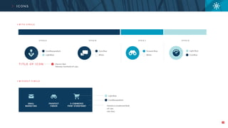 19
I C O N S
W I T H C I R C L E
W I T H O U T C I R C L E
T I T L E O F I C O N
LightBlue
LightBlue
CoreBlueWhite White
Electric Red
Raleway Semibold all caps
STYLE A STYLE C STYLE DSTYLE B
CoreBluegradient
CoreBluegradient
• Helvetica Condensed Bold
• all caps
• two lines
Light BlueCore Blue Forward Blue
 