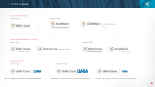 9
L O G O U S A G E
L O G O W I T H D M N m e d i a TA G L I N E
L O G O W I T H TA G L I N E
P A R T N E R S H I P S
CORRECT USAGE
CORRECT USAGE
CORRECT USAGE
INCORRECT USAGE
INCORRECT USAGE
INCORRECT USAGE
Local marketing made easy
Local marketing made easy
Equal visual weight and spacing for Distribion and partner logos
a DMNmedia company
a DMNmedia company a DMNmedia company
Distribion logo is too small with too little space around the dividing line Distribion logo is too large with too much space around the dividing line
 