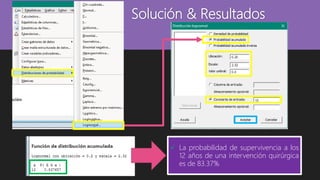Solución & Resultados
 La probabilidad de supervivencia a los
12 años de una intervención quirúrgica
es de 83.37%
 