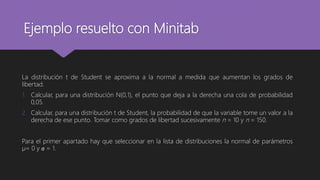 Ejemplo resuelto con Minitab
La distribución t de Student se aproxima a la normal a medida que aumentan los grados de
libertad.
1. Calcular, para una distribución N(0,1), el punto que deja a la derecha una cola de probabilidad
0,05.
2. Calcular, para una distribución t de Student, la probabilidad de que la variable tome un valor a la
derecha de ese punto. Tomar como grados de libertad sucesivamente n = 10 y n = 150.
Para el primer apartado hay que seleccionar en la lista de distribuciones la normal de parámetros
µ= 0 y σ = 1.
 