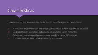 Características
Los experimentos que tienen este tipo de distribución tienen las siguientes características:
a) Al realizar un experimento con este tipo de distribución, se esperan dos tipos de resultados.
b) Las probabilidades asociadas a cada uno de los resultados no son constantes.
c) Cada ensayo o repetición del experimento no es independiente de los demás.
d) El número de repeticiones del experimento (n) es constante.
 