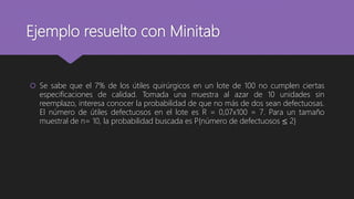 Ejemplo resuelto con Minitab
 Se sabe que el 7% de los útiles quirúrgicos en un lote de 100 no cumplen ciertas
especificaciones de calidad. Tomada una muestra al azar de 10 unidades sin
reemplazo, interesa conocer la probabilidad de que no más de dos sean defectuosas.
El número de útiles defectuosos en el lote es R = 0,07x100 = 7. Para un tamaño
muestral de n= 10, la probabilidad buscada es P{número de defectuosos ≤ 2}
 