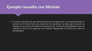 Ejemplo resuelto con Minitab
 El número de enfermos que solicitan atención de urgencia en un hospital durante un
periodo de 24 horas tiene una media de 43,2 pacientes. Se sabe que el servicio se
colapsará si el número de enfermos excede de 50. ¿Cuál es la probabilidad de que se
colapse el servicio de urgencias del hospital? Representar la función de masa de
probabilidad.
 