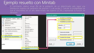 Ejemplo resuelto con Minitab
 El crecimiento relativo anual (%) de la población de un determinado país sigue una
distribución logística de parámetro de posición 1 y de escala 2. Calcular la probabilidad de
que el crecimiento en un año determinado sea superior al 5% y representar la función de
densidad
 