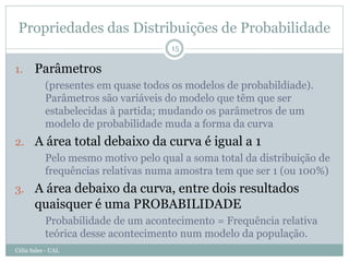 Propriedades das Distribuições de Probabilidade
                                    15

1.     Parâmetros
           (presentes em quase todos os modelos de probabildiade).
           Parâmetros são variáveis do modelo que têm que ser
           estabelecidas à partida; mudando os parâmetros de um
           modelo de probabilidade muda a forma da curva
2. A área total debaixo da curva é igual a 1
     Pelo mesmo motivo pelo qual a soma total da distribuição de
     frequências relativas numa amostra tem que ser 1 (ou 100%)
3. A área debaixo da curva, entre dois resultados
       quaisquer é uma PROBABILIDADE
           Probabilidade de um acontecimento = Frequência relativa
           teórica desse acontecimento num modelo da população.
Célia Sales - UAL
 