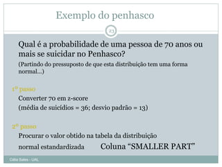 Exemplo do penhasco
                                      23

     Qual é a probabilidade de uma pessoa de 70 anos ou
     mais se suicidar no Penhasco?
     (Partindo do pressuposto de que esta distribuição tem uma forma
     normal…)


 1º passo
   Converter 70 em z-score
   (média de suicídios = 36; desvio padrão = 13)

 2º passo
   Procurar o valor obtido na tabela da distribuição
     normal estandardizada         Coluna “SMALLER PART”
Célia Sales - UAL
 
