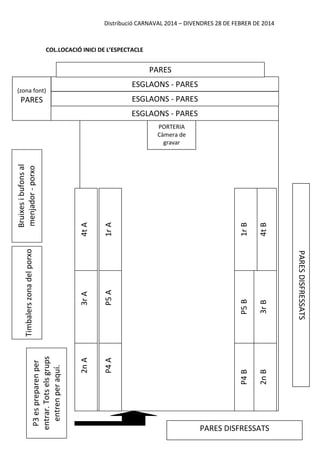 Distribució CARNAVAL 2014 – DIVENDRES 28 DE FEBRER DE 2014

COL.LOCACIÓ INICI DE L’ESPECTACLE

PARES
ESGLAONS - PARES

(zona font)

ESGLAONS - PARES

PARES

ESGLAONS - PARES

4t B
3r B
2n B

1r B
P5 B
P4 B

1r A
P5 A
P4 A

4t A
3r A
2n A

P3 es preparen per
entrar. Tots els grups
entren per aquí.

PARES DISFRESSATS

PARES DISFRESSATS

Timbalers zona del porxo

Bruixes i bufons al
menjador - porxo

PORTERIA
Càmera de
gravar

 