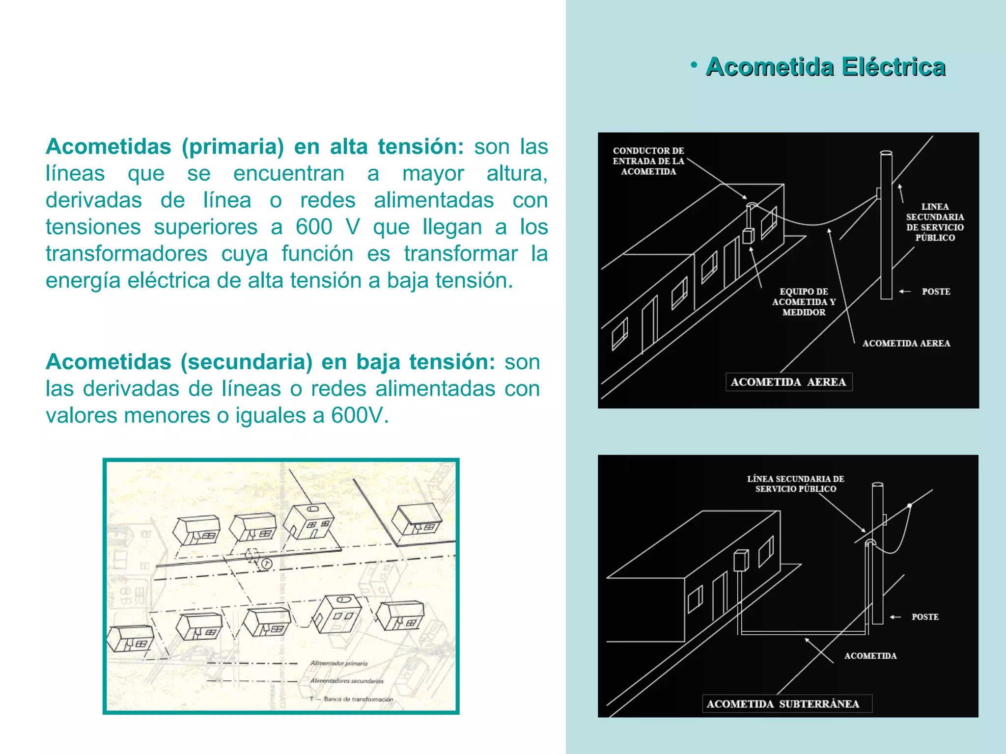 Acometida Eléctrica  Acometidas (primaria) en alta tensión:  son las líneas que se encuentran a mayor altura, derivadas de línea o redes alimentadas con tensiones superiores a 600 V que llegan a los transformadores cuya función es transformar la energía eléctrica de alta tensión a baja tensión. Acometidas (secundaria) en baja tensión:  son las derivadas de líneas o redes alimentadas con valores menores o iguales a 600V. 
