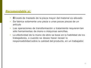 Recomendable si:
18
• El costo de traslado de la pieza mayor del material es elevado
• Se fabrica solamente una pieza o unas pocas piezas de un
artículo
• Las operaciones de transformación o tratamiento requieren tan
sólo herramientas de mano o máquinas sencillas.
• La efectividad de la mano de obre se base en la habilidad de los
trabajadores, o cuando se desee hacer recaer la
responsabilidad sobre la calidad del producto, en un trabajador.
 