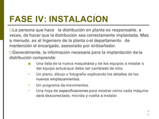 ,
4
6
FASE IV: INSTALACION
□La persona que hace la distribución en planta es responsable, a
veces, de hacer que la distribución sea correctamente implantada. Mas
a menudo, es el Ingeniero de la planta o el departamento de
mantención el encargado, asesorado por eldiseñador.
□Generalmente, la información necesaria para la implantación de la
distribución comprende:
■ Una lista de la nueva maquinaria y de los equipos a instalar o
del equipo actual que debe ser cambiado de sitio.
• Un plano, dibujo o fotografía explicando los detalles de los
nuevos emplazamientos.
• Un programa de movimientos.
• Una hoja de especificaciones para mostrar cómo cada máquina
será desconectada, movida y vuelta a instalar.
 