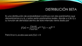 DISTRIBUCIÓN BETA
Es una distribución de probabilidad continua con dos parámetros que
denominamos a y b, y estos serán parámetros reales, donde 𝑥 ∈ 0; 1 y
su función de densidad dentro de este intervalo viene dado por
𝑓 𝑥 =
𝛤 𝑎+𝑏
𝛤 𝑎 𝛤 𝑏
𝑥 𝑎−1
(1 − 𝑥) 𝑏−1
Para 0<x<1, en otro caso será 𝑓 𝑥 = 0
 