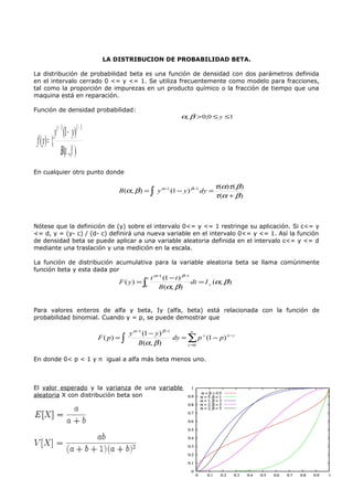 LA DISTRIBUCION DE PROBABILIDAD BETA.

La distribución de probabilidad beta es una función de densidad con dos parámetros definida
en el intervalo cerrado 0 <= y <= 1. Se utiliza frecuentemente como modelo para fracciones,
tal como la proporción de impurezas en un producto químico o la fracción de tiempo que una
maquina está en reparación.

Función de densidad probabilidad:
                                                                         α, β > 0;0 ≤ y ≤1

            y α − 1 (1 − y) β − 1
 f ( y) = {
                 B(α , β )
En cualquier otro punto donde

                                                                                       τ (α)τ ( β )
                                           B (α, β ) = ∫ y α−1 (1 − y ) β −1 dy =
                                                                                       τ (α + β )



Nótese que la definición de (y) sobre el intervalo 0<= y <= 1 restringe su aplicación. Si c<= y
<= d, y = (y- c) / (d- c) definirá una nueva variable en el intervalo 0<= y <= 1. Así la función
de densidad beta se puede aplicar a una variable aleatoria definida en el intervalo c<= y <= d
mediante una traslación y una medición en la escala.

La función de distribución acumulativa para la variable aleatoria beta se llama comúnmente
función beta y esta dada por
                                                        y   t α−1 (1 − t ) β −1
                                           F ( y) = ∫                           dt = I y (α, β)
                                                       0        B (α, β)


Para valores enteros de alfa y beta, Iy (alfa, beta) está relacionada con la función de
probabilidad binomial. Cuando y = p, se puede demostrar que

                                                 y α −1 (1 − y ) β −1        n
                                    F ( p) = ∫                        dy = ∑ p y (1 − p ) n − y
                                                      B(α, β )             y =α


En donde 0< p < 1 y n igual a alfa más beta menos uno.



El valor esperado y la varianza de una variable
aleatoria X con distribución beta son
 