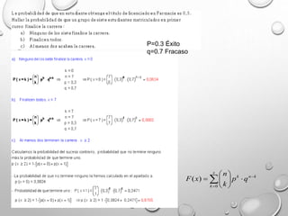 P=0.3 Éxito
q=0.7 Fracaso

 n  k nk
F ( x)     p  q
 
k 0  k 
x

 