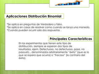 Aplicaciones Distribución Binomial
*Se aplica en preguntas de Verdadero y falso.
*Se aplica en casos de resolver como cuando se lanza una moneda.
*Cuando pueden ocurrir solo dos respuestas .

Principales Características
En los experimentos que tienen este tipo de
distribución, siempre se esperan dos tipos de
resultados, ejem. Defectuoso, no defectuoso, pasa, no
pasa,etc., denominados arbitrariamente “éxito” (que es lo
que se espera que ocurra) o “fracaso” (lo contrario del
éxito).

 