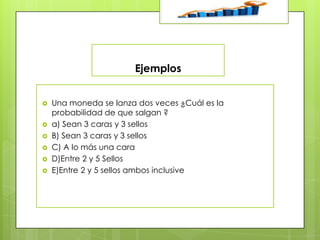 Ejemplos







Una moneda se lanza dos veces ¿Cuál es la
probabilidad de que salgan ?
a) Sean 3 caras y 3 sellos
B) Sean 3 caras y 3 sellos
C) A lo más una cara
D)Entre 2 y 5 Sellos
E)Entre 2 y 5 sellos ambos inclusive

 