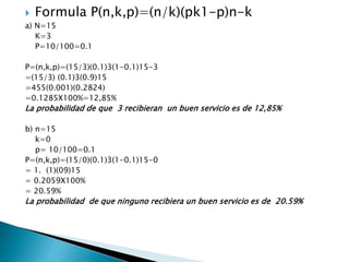  Formula P(n,k,p)=(n/k)(pk1-p)n-k 
a) N=15 
K=3 
P=10/100=0.1 
P=(n,k,p)=(15/3)(0.1)3(1-0.1)15-3 
=(15/3) (0.1)3(0.9)15 
=455(0.001)(0.2824) 
=0.1285X100%=12,85% 
La probabilidad de que 3 recibieran un buen servicio es de 12,85% 
b) n=15 
k=0 
p= 10/100=0.1 
P=(n,k,p)=(15/0)(0.1)3(1-0.1)15-0 
= 1. (1)(09)15 
= 0.2059X100% 
= 20.59% 
La probabilidad de que ninguno recibiera un buen servicio es de 20.59% 
 