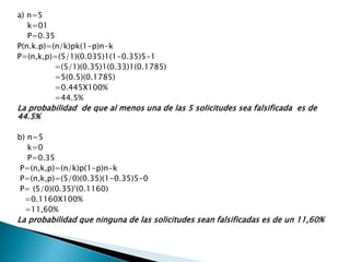 a) n=5 
k=01 
P=0.35 
P(n.k.p)=(n/k)pk(1-p)n-k 
P=(n,k,p)=(5/1)(0.035)1(1-0.35)5-1 
=(5/1)(0.35)1(0.33)1(0.1785) 
=5(0.5)(0.1785) 
=0.445X100% 
=44.5% 
La probabilidad de que al menos una de las 5 solicitudes sea falsificada es de 
44.5% 
b) n=5 
k=0 
P=0.35 
P=(n,k,p)=(n/k)p(1-p)n-k 
P=(n,k,p)=(5/0)(0.35)(1-0.35)5-0 
P= (5/0)(0.35)°(0.1160) 
=0.1160X100% 
=11,60% 
La probabilidad que ninguna de las solicitudes sean falsificadas es de un 11,60% 
 
