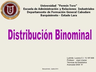 Ludmila Lucena C.I. 13.187.606
Profesor: José Linarez
Técnicas de Estadística
Avanzada SAIA “A”
Barquisimeto; Junio 2014
 