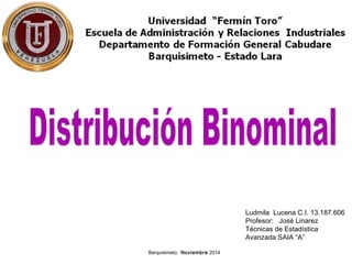 Ludmila Lucena C.I. 13.187.606
Profesor: José Linarez
Técnicas de Estadística
Avanzada SAIA “A”
Barquisimeto; Noviembre 2014
 