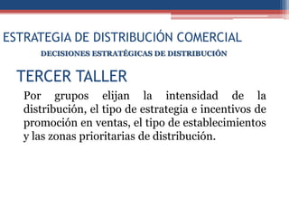 ESTRATEGIA DE DISTRIBUCIÓN COMERCIAL
      DECISIONES ESTRATÉGICAS DE DISTRIBUCIÓN


  TERCER TALLER
   Por grupos elijan la intensidad de la
   distribución, el tipo de estrategia e incentivos de
   promoción en ventas, el tipo de establecimientos
   y las zonas prioritarias de distribución.
 