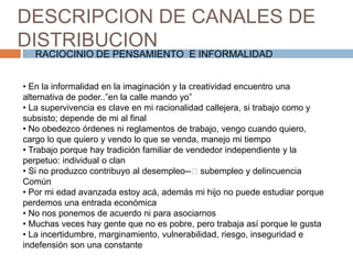 • En la informalidad en la imaginación y la creatividad encuentro una
alternativa de poder..”en la calle mando yo”
• La supervivencia es clave en mi racionalidad callejera, si trabajo como y
subsisto; depende de mi al final
• No obedezco órdenes ni reglamentos de trabajo, vengo cuando quiero,
cargo lo que quiero y vendo lo que se venda, manejo mi tiempo
• Trabajo porque hay tradición familiar de vendedor independiente y la
perpetuo: individual o clan
• Si no produzco contribuyo al desempleo--􀃆 subempleo y delincuencia
Común
• Por mi edad avanzada estoy acá, además mi hijo no puede estudiar porque
perdemos una entrada económica
• No nos ponemos de acuerdo ni para asociarnos
• Muchas veces hay gente que no es pobre, pero trabaja así porque le gusta
• La incertidumbre, marginamiento, vulnerabilidad, riesgo, inseguridad e
indefensión son una constante
DESCRIPCION DE CANALES DE
DISTRIBUCION
 RACIOCINIO DE PENSAMIENTO E INFORMALIDAD
 