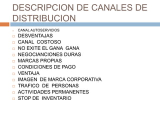 DESCRIPCION DE CANALES DE
DISTRIBUCION
 CANAL AUTOSERVICIOS
 DESVENTAJAS
 CANAL COSTOSO
 NO EXITE EL GANA GANA
 NEGOCIANCIONES DURAS
 MARCAS PROPIAS
 CONDICIONES DE PAGO
 VENTAJA
 IMAGEN DE MARCA CORPORATIVA
 TRAFICO DE PERSONAS
 ACTIVIDADES PERMANENTES
 STOP DE INVENTARIO
 
