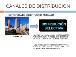 CANALES DE DISTRIBUCION
 ESTRATEGIA DE COBERTURA DE MERCADO
EMPRESA
DISTRIBUCIÓN
SELECTIVA
CUANDO SE FILTRA A LOS DISTRIBUIDORES
PARA ELIMINARLOS A TODOS, CON EXCEPCIÓN
DE UNOS CUANTOS EN UN ÁREA ESPECIFICA.
LOS ARTÍCULOS QUE REQUIEREN BÚSQUEDA Y
ALGUNOS PRODUCTOS ESPECIALES SE
DISTRIBUYEN DE MANERA SELECTIVA.
 