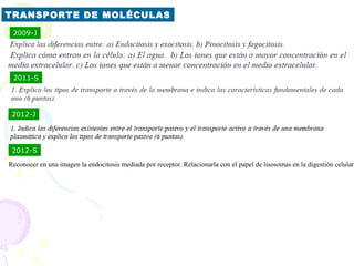 TRANSPORTE DE MOLÉCULAS
 2009-J




 2011-S




 2012-J




 2012-S

Reconocer en una imagen la endocitosis mediada por receptor. Relacionarla con el papel de lisosomas en la digestión celular
 