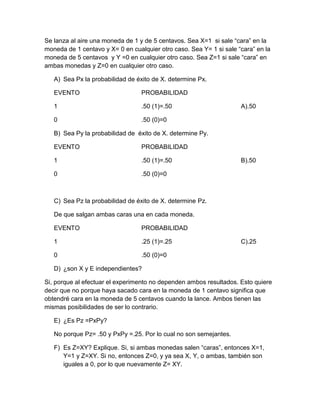 Se lanza al aire una moneda de 1 y de 5 centavos. Sea X=1 si sale “cara” en la
moneda de 1 centavo y X= 0 en cualquier otro caso. Sea Y= 1 si sale “cara” en la
moneda de 5 centavos y Y =0 en cualquier otro caso. Sea Z=1 si sale “cara” en
ambas monedas y Z=0 en cualquier otro caso.

   A) Sea Px la probabilidad de éxito de X. determine Px.

   EVENTO                         PROBABILIDAD

   1                              .50 (1)=.50                        A).50

   0                              .50 (0)=0

   B) Sea Py la probabilidad de éxito de X. determine Py.

   EVENTO                         PROBABILIDAD

   1                              .50 (1)=.50                        B).50

   0                              .50 (0)=0



   C) Sea Pz la probabilidad de éxito de X. determine Pz.

   De que salgan ambas caras una en cada moneda.

   EVENTO                         PROBABILIDAD

   1                              .25 (1)=.25                        C).25

   0                              .50 (0)=0

   D) ¿son X y E independientes?

Si, porque al efectuar el experimento no dependen ambos resultados. Esto quiere
decir que no porque haya sacado cara en la moneda de 1 centavo significa que
obtendré cara en la moneda de 5 centavos cuando la lance. Ambos tienen las
mismas posibilidades de ser lo contrario.

   E) ¿Es Pz =PxPy?

   No porque Pz= .50 y PxPy =.25. Por lo cual no son semejantes.

   F) Es Z=XY? Explique. Si, si ambas monedas salen “caras”, entonces X=1,
      Y=1 y Z=XY. Si no, entonces Z=0, y ya sea X, Y, o ambas, también son
      iguales a 0, por lo que nuevamente Z= XY.
 