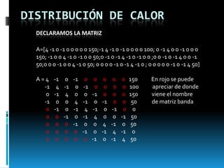 Distribución de calordeclaramos la matriz A=[4 -1 0 -1 0 0 0 0 0 150;-1 4 -1 0 -1 0 0 0 0 100; 0 -1 4 0 0 -1 0 0 0 150; -1 0 0 4 -1 0 -1 0 0 50;0 -1 0 -1 4 -1 0 -1 0 0 ;0 0 -1 0 -1 4 0 0 -1 50;0 0 0 -1 0 0 4 -1 0 50; 0 0 0 0 -1 0 -1 4 -1 0 ; 0 0 0 0 0 -1 0 -1 4 50] A = 4    -1     0    -1     0     0     0     0     0 150           En rojo se puede    -1     4    -1     0    -1     0     0     0     0100           apreciar de donde      0    -1     4     0     0    -1     0     0     0150           viene el nombre        -1     0     0     4    -1     0    -1     0     050            de matriz banda 0-1     0    -1     4    -1     0    -1     0     0 0     0    -1     0    -1     4     0     0    -1    50 0     0     0    -1     0     0     4    -1     0    50   0     0     0     0    -1     0    -1     4    -1     0    0     0     0     0     0    -1     0    -1     4    50 