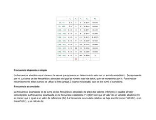 Frecuencia absoluta o simple
La frecuencia absoluta es el número de veces que aparece un determinado valor en un estudio estadístico. Se representa
por ni. La suma de las frecuencias absolutas es igual al número total de datos, que se representa por N. Para indicar
resumidamente estas sumas se utiliza la letra griega Σ (sigma mayúscula) que se lee suma o sumatoria.
Frecuencia acumulada
La frecuencia acumulada es la suma de las frecuencias absolutas de todos los valores inferiores o iguales al valor
considerado. La frecuencia acumulada es la frecuencia estadística F (X≤Xr) con que el valor de un variable aleatoria (X)
es menor que o igual a un valor de referencia (Xr). La frecuencia acumulada relativa se deja escribir como Fc(X≤Xr), o en
breveFc(Xr), y se calcula de:
 