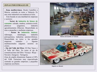 - Zona mediterránea: Desde Castellón a
Murcia, centrada en torno a Valencia. Es
una zona industrial con tendencia al alza.
Esta basada en una dualidad de empresas
y sectores:
- Sector de industria de bienes de
consumo: calzado, madera, cerámica textil,
plásticos (juguetes), industria
agroalimentaria (Murcia). Desarrollada en
tono a pequeñas y medianas empresas.
- Sector de industrias básicas:
siderurgia, metalurgia, industria
petroquímica, industrias automovilísticas.
Desarrollada en torno a las grandes
empresas estatales y algunas
multinacionales (algunos sectores en
crisis).
- Eje del Valle del Ebro: El País Vasco y
el Valle del Ebro. En torno al eje de
comunicaciones del Ebro: Vizcaya –Rioja –
Navarra- Zaragoza –Tarragona.
Zona de amplio dinamismo Supone el 20%
del VAB. Estructura muy especializada
centrada en grandes empresas y pequeñas
empresas auxiliares.
ZONAS INDUSTRIALES III
Fábrica del mueble en Valencia
Juguete en Alicante
 