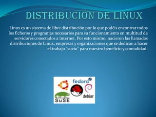 Distribución de Linux Linux es un sistema de libre distribución por lo que podéis encontrar todos los ficheros y programas necesarios para su funcionamiento en multitud de servidores conectados a Internet. Por esto mismo, nacieron las llamadas distribuciones de Linux, empresas y organizaciones que se dedican a hacer el trabajo "sucio" para nuestro beneficio y comodidad. 