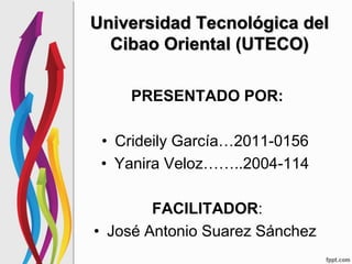 Universidad Tecnológica del
Cibao Oriental (UTECO)
PRESENTADO POR:
• Crideily García…2011-0156
• Yanira Veloz……..2004-114
FACILITADOR:
• José Antonio Suarez Sánchez
 