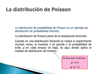 La distribución de probabilidad de Poisson es un ejemplo de distribución de probabilidad discreta.  La distribuci ó n de Poisson   parte de la distribuci ó n binomial.  Cuando en una distribuci ó n binomial se realiza el experimento muchas veces, la muestra  n  es grande y la probabilidad de  é xito  p  en cada ensayo es baja, es aqu í  donde aplica el modelo de distribuci ó n de Poisson.  Se tiene que cumplir que:  p   < 0 . 10 p * n  < 10 